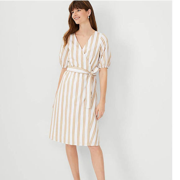 Ann Taylor Dresses & Skirts - Ann Taylor | Stripe Midi Wrap Dress Beige & White XS Petite
